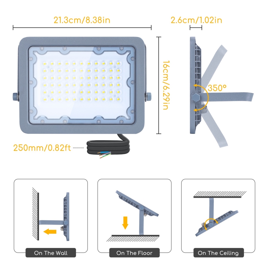 Aigostar - LED Reflektor LED/50W/230V šedá 4000K IP65