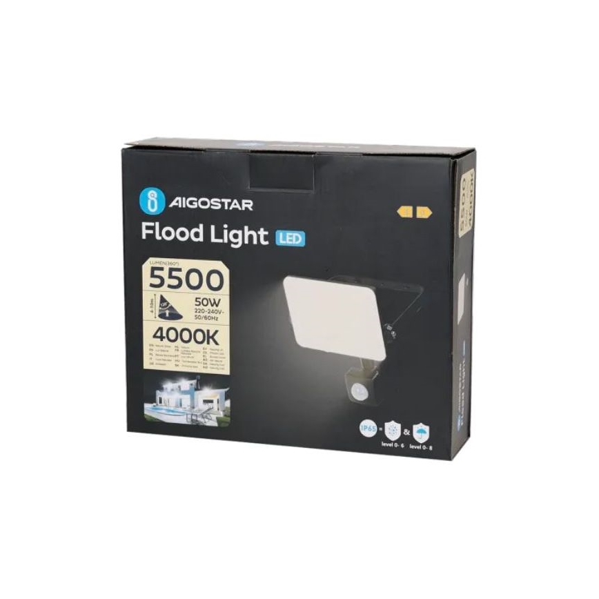 Aigostar - LED Reflektor se senzorem LED/50W/230V 4000K IP65 černá