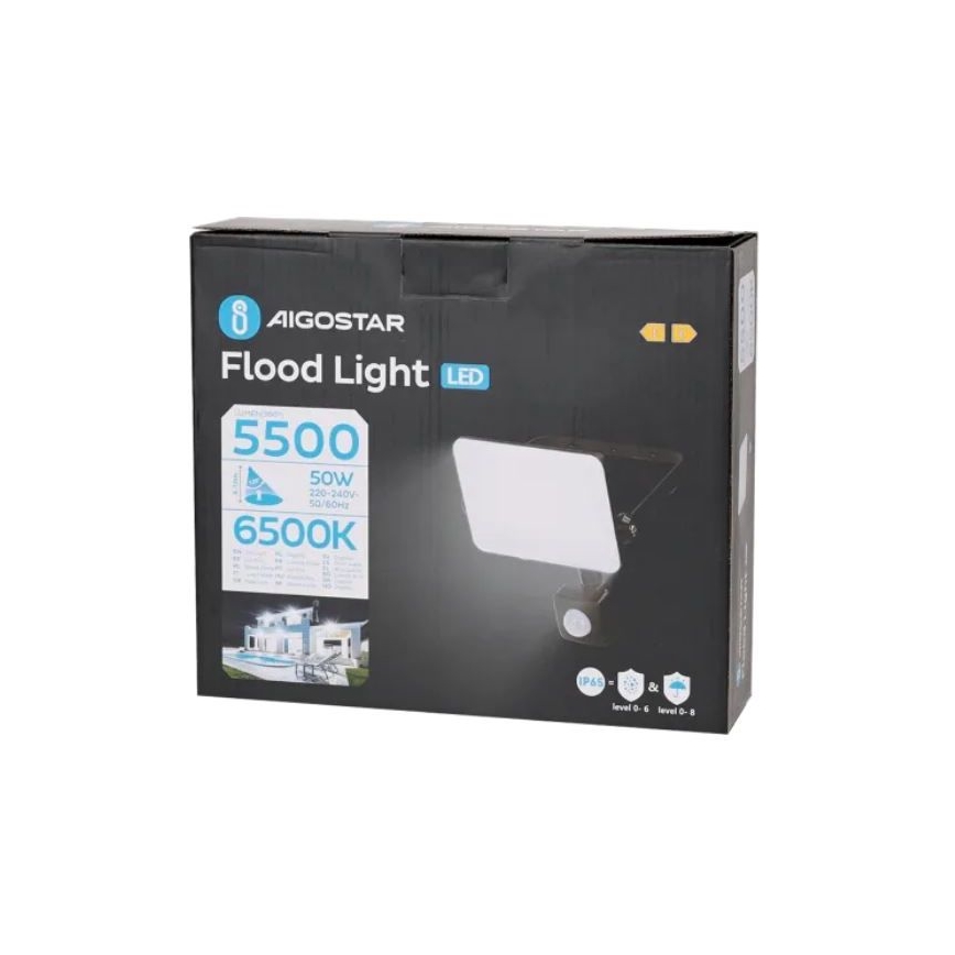 Aigostar - LED Reflektor se senzorem LED/50W/230V 6500K IP65 černá