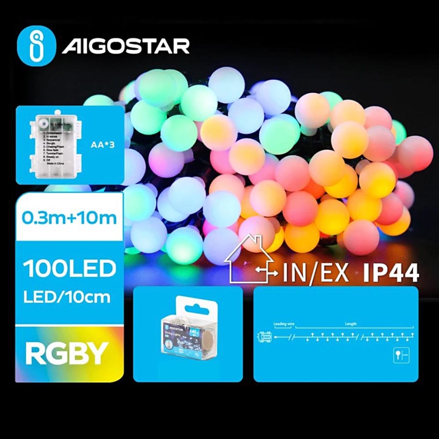 Aigostar - LED RGBY Venkovní vánoční řetěz 100xLED/3xAA/8 funkcí 10,3 m IP44