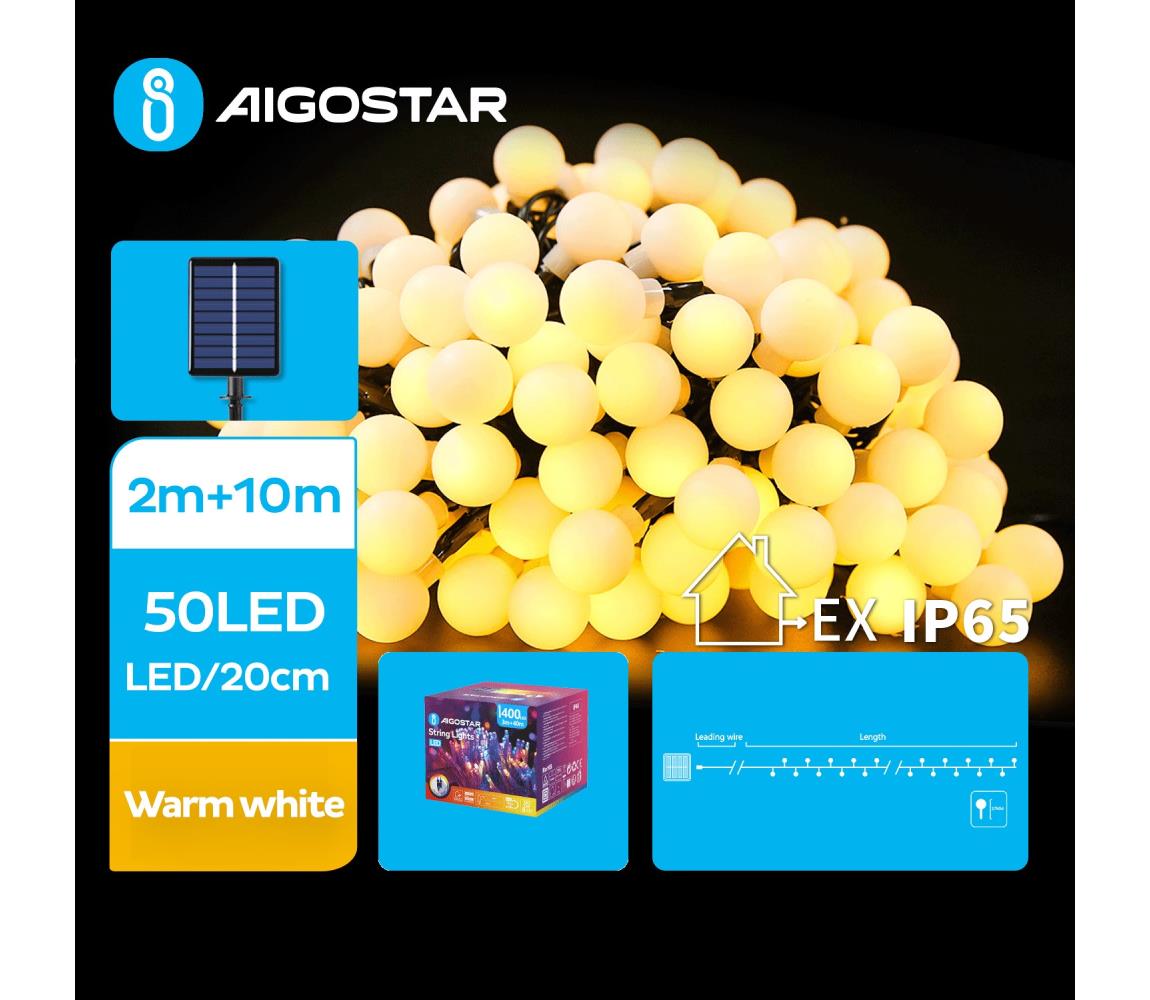 Aigostar B.V. Aigostar - LED Solární dekorační řetěz 50xLED/8 funkcí 12m IP65 teplá bílá AI0426