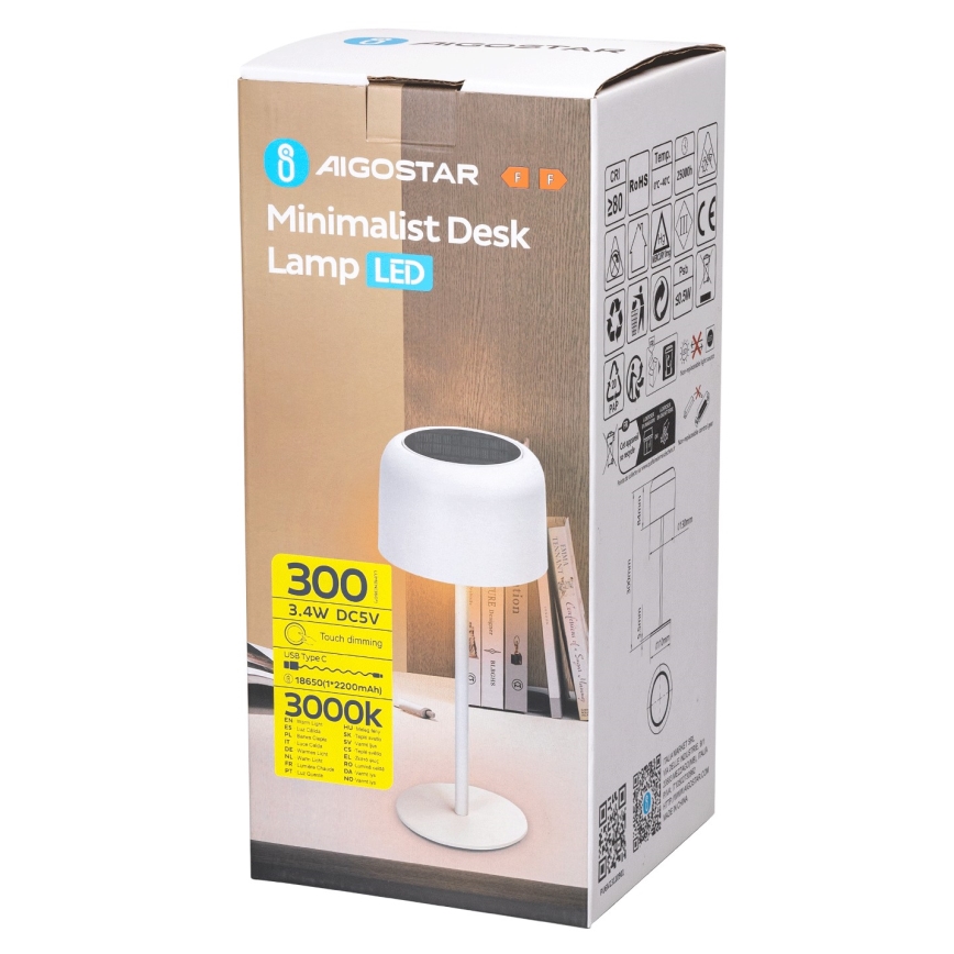 Aigostar - LED Solární stmívatelná nabíjecí stolní lampa LED/3W/5V 2200mAh bílá IP54