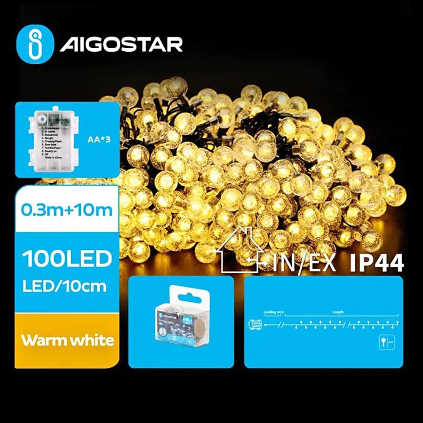 Aigostar - LED Venkovní vánoční řetěz 100xLED/3xAA/8 funkcí 10,3 m IP44 teplá bílá