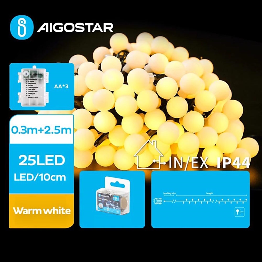 Aigostar-LED Venkovní vánoční řetěz 25xLED/3xAA/8 funkcí 2,8 m IP44 teplá bílá