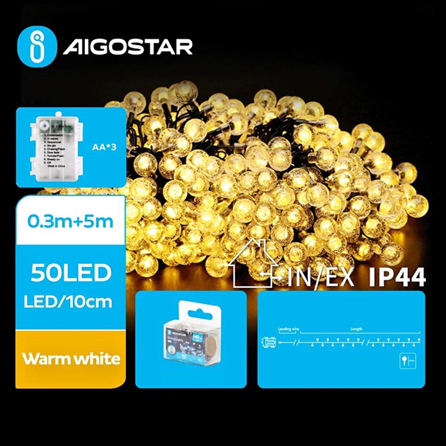 Aigostar - LED Venkovní vánoční řetěz 50xLED/3xAA/8 funkcí 5,3 m IP44 teplá bílá