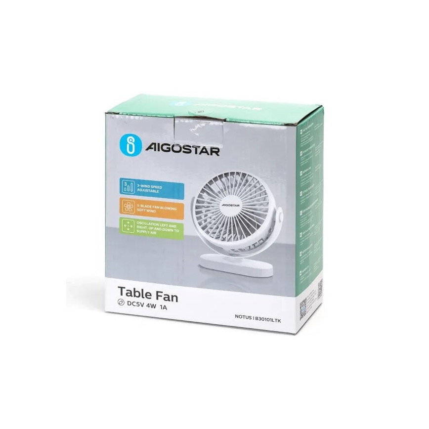 Aigostar - Nabíjecí stolní ventilátor 4W/5V 1500mAh bílá