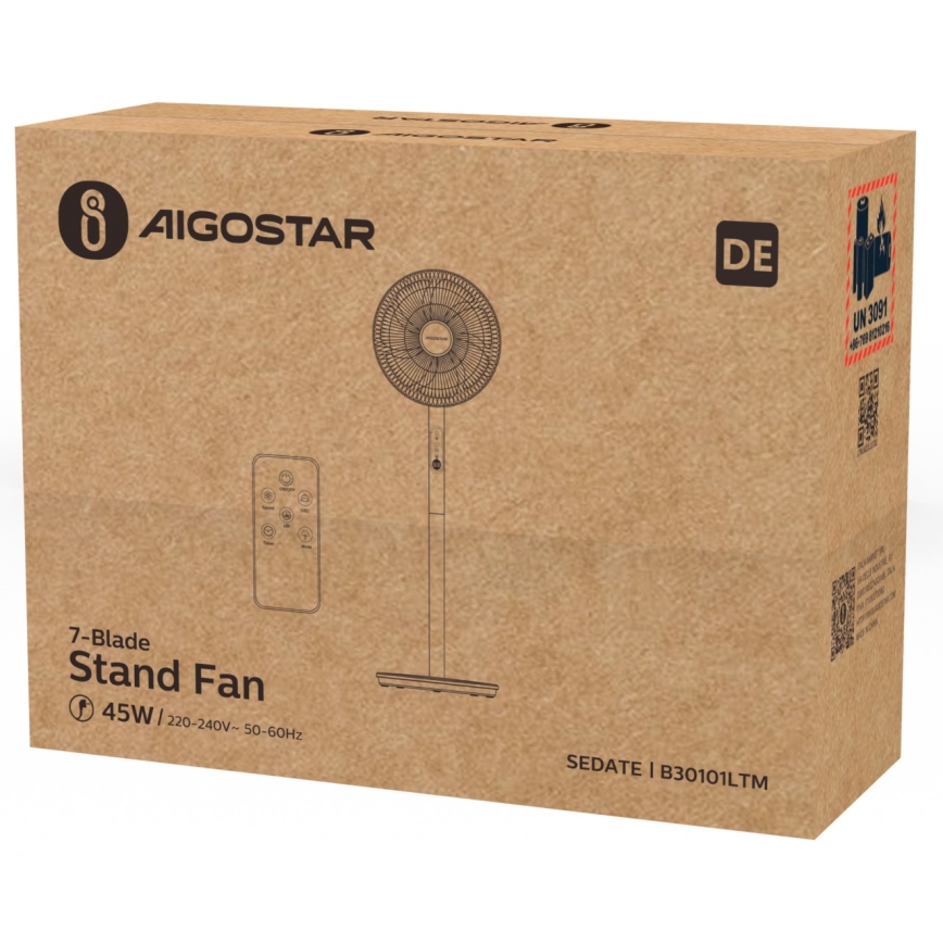 Aigostar - Stojanový ventilátor 45W/230V bílá + dálkové ovládání