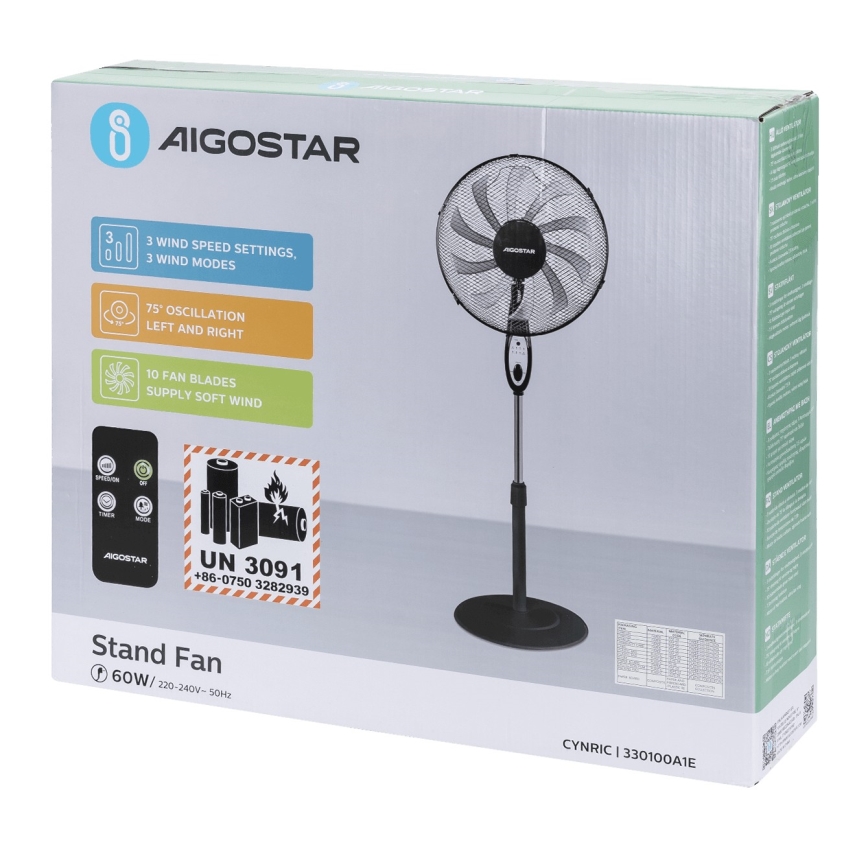 Aigostar - Stojanový ventilátor 60W/230V černá + dálkové ovládání