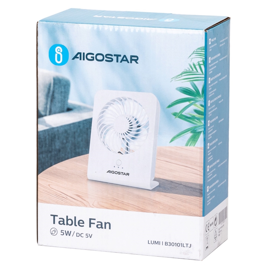 Aigostar - Stolní ventilátor 5W/5V bílá