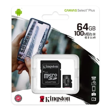 Kingston - MicroSDXC 64GB Canvas Select Plus U1 100MB/s + SD adaptér