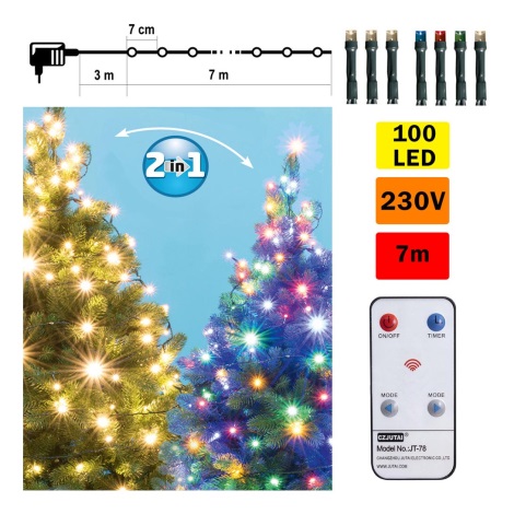 LED Vánoční venkovní řetěz 100xLED 10m IP44 teplá bílá/multicolor + dálkové ovládání