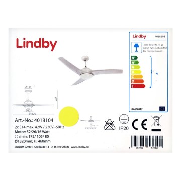 Lindby - Stropní ventilátor EMANUEL 2xE14/42W/230V + dálkové ovládání