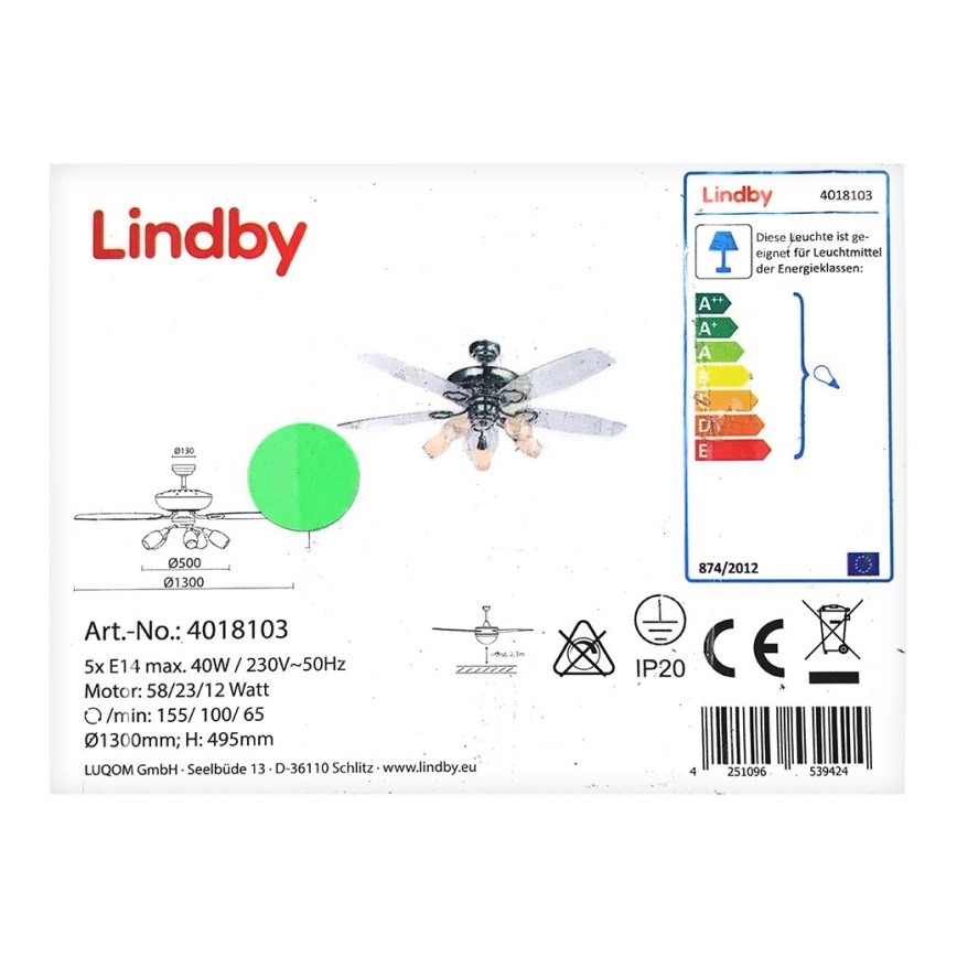 Lindby - Stropní ventilátor se světlem CEDRIK 5xE14/40W/230V
