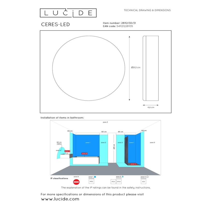 Lucide 28112/30/31 - LED Stmívatelné koupelnové svítidlo 2v1 CERES 30W/230V IP44 bílá