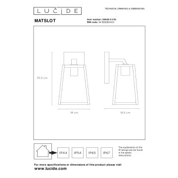 Lucide 29829/01/30 - Venkovní nástěnné svítidlo MATSLOT 1xE27/60W/230V IP23