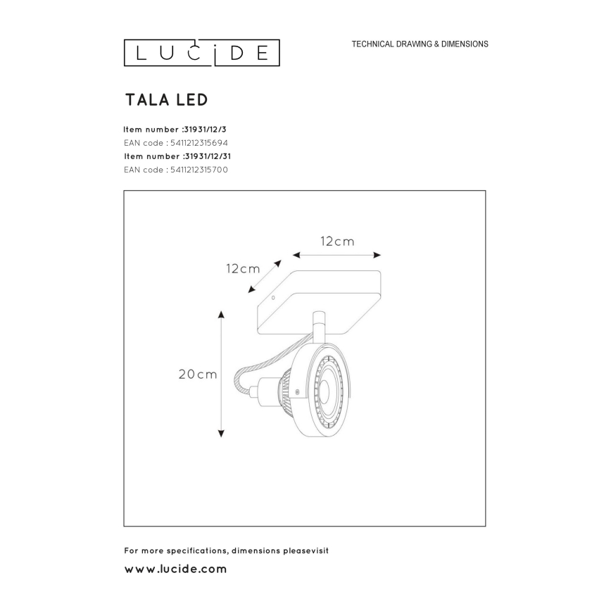 Lucide 31931/12/31 - LED Stmívatelné bodové svítidlo TALA 1xGU10/12W/230V bílá