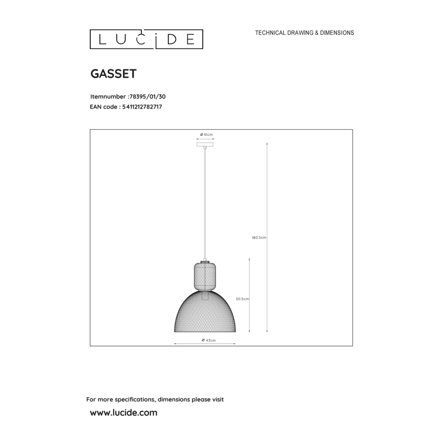 Lucide 78395/01/30 - Lustr na lanku GASSET 1xE27/60W/230V černá