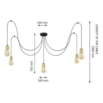 Lustr na lanku TUBE 5xE27/15W/230V černá/zlatá