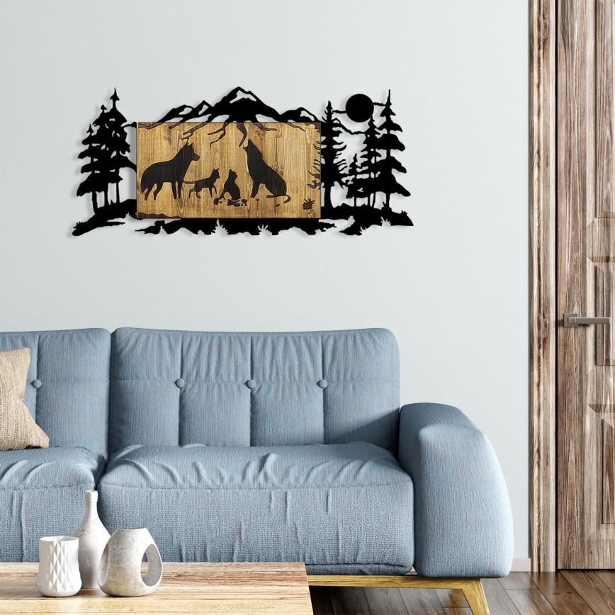 Nástěnná dekorace 108x47 cm vlčí rodina dřevo/kov