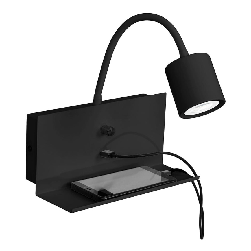 Nástěnná lampa s poličkou DEMIA 1xGU10/8W/230V černá + USB