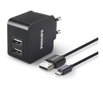 Philips DLP2307U/12 - Nabíjecí adaptér 2xUSB/15,5W/230V + kabel micro USB 1m