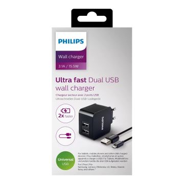 Philips DLP2307U/12 - Nabíjecí adaptér 2xUSB/15,5W/230V + kabel micro USB 1m