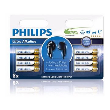 Philips LR03E8BHP - 8x Alkalická baterie AAA 1,5V + sluchátka