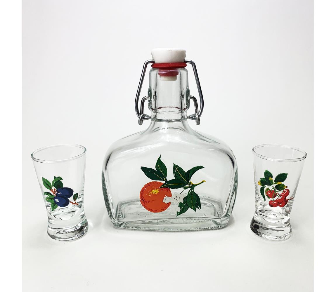 Výrobce po 1 ks Sada 1x skleněná láhev a 2x sklenice na panáky čirá s motivem ovoce KK03801