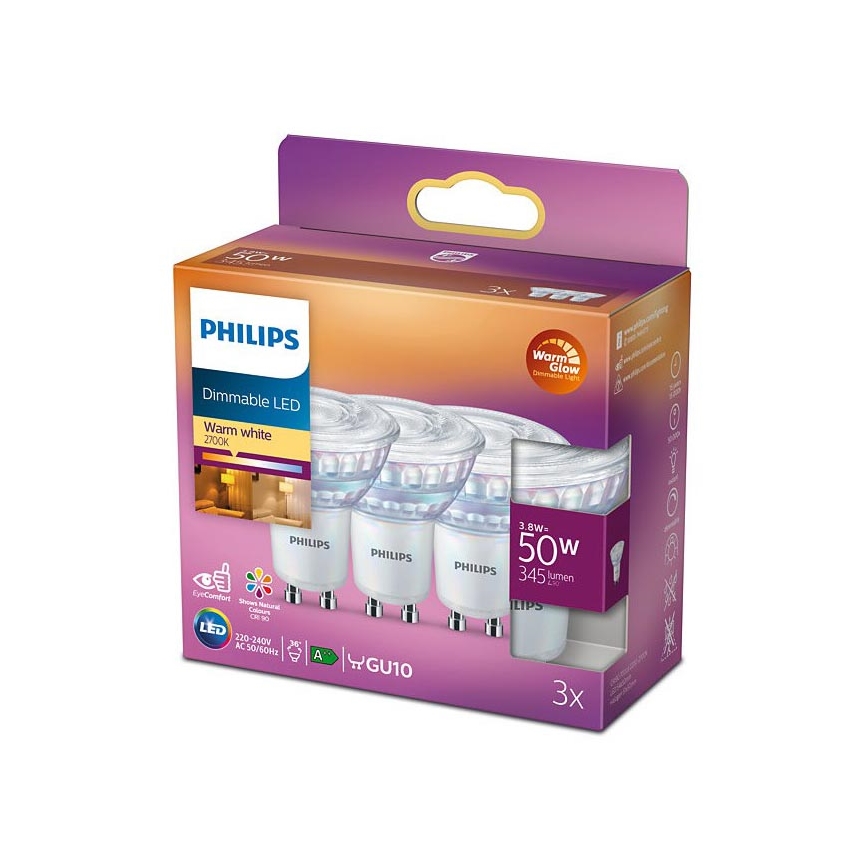 SADA 3x LED Stmívatelná žárovka Philips Warm Glow GU10/3,8W/230V 2200-2700K CRI 90