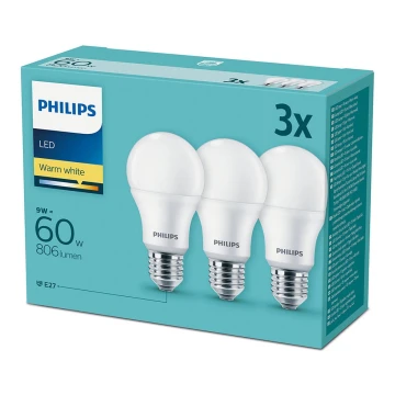 Sada 3x LED Žárovka Philips E27/9W/230V 2700K