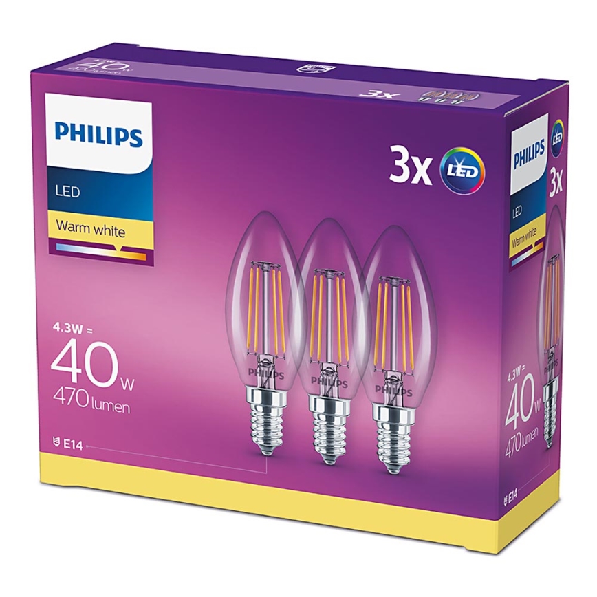 SADA 3x LED Žárovka VINTAGE Philips E14/4,3W/230V 2700K